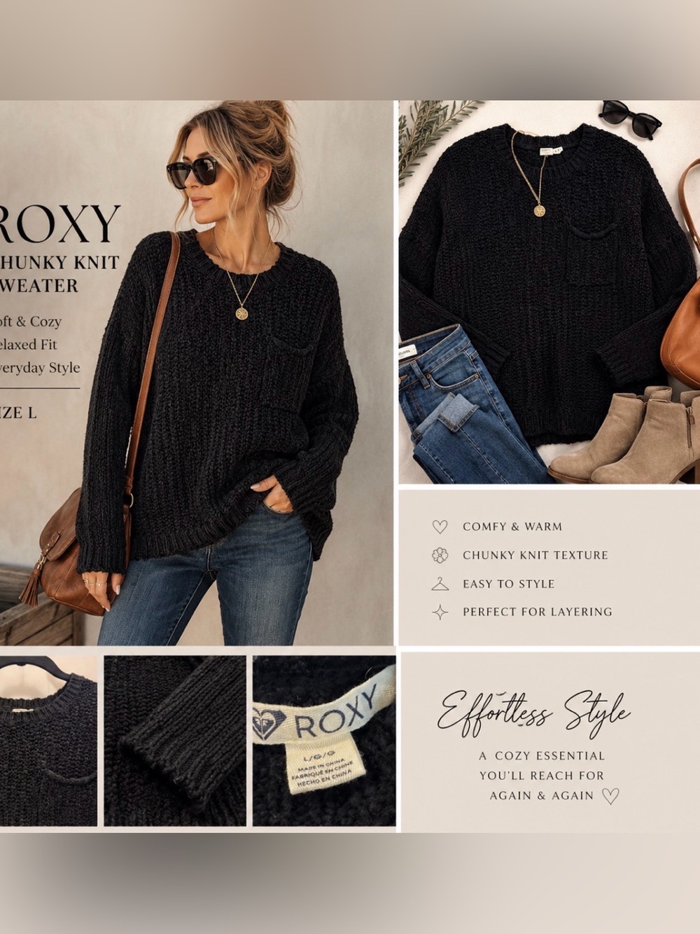 ROXY Black Chunky Knit Sweater | Oversized Relaxed Fit | Size Large